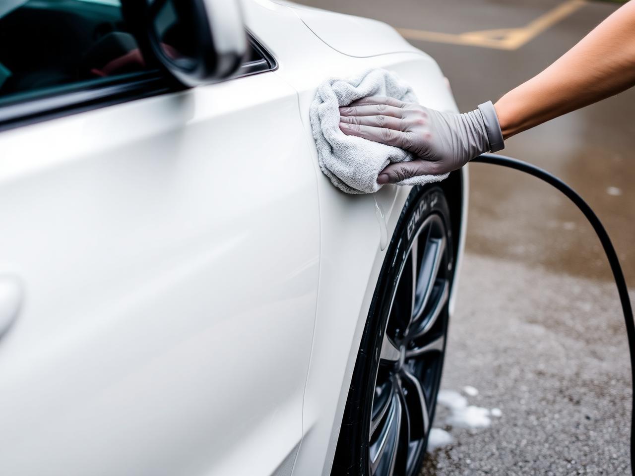 Hand washing and drying the paint of a white car