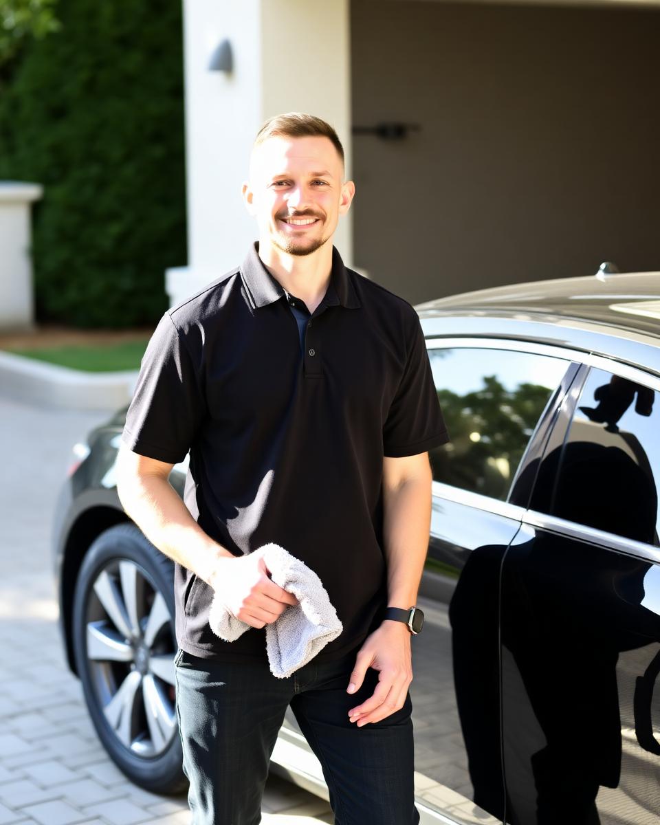 Professional mobile detailer standing beside a clean vehicle