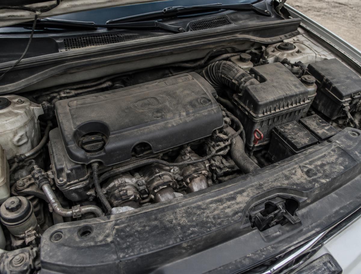 Grimy engine bay before cleaning